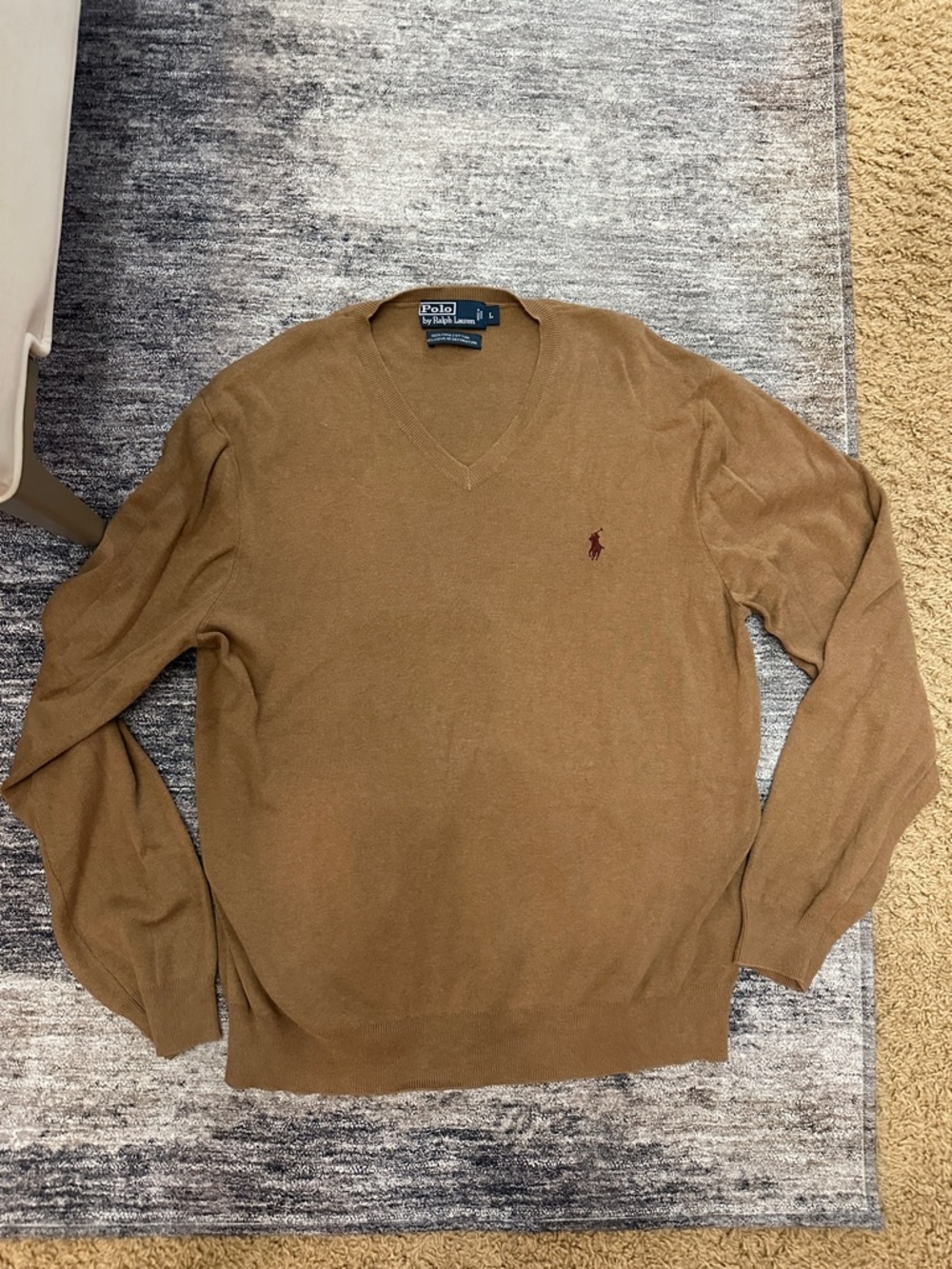 Polo by Ralph Lauren Men's V-Neck Sweater in Camel Brown with Maroon Pony